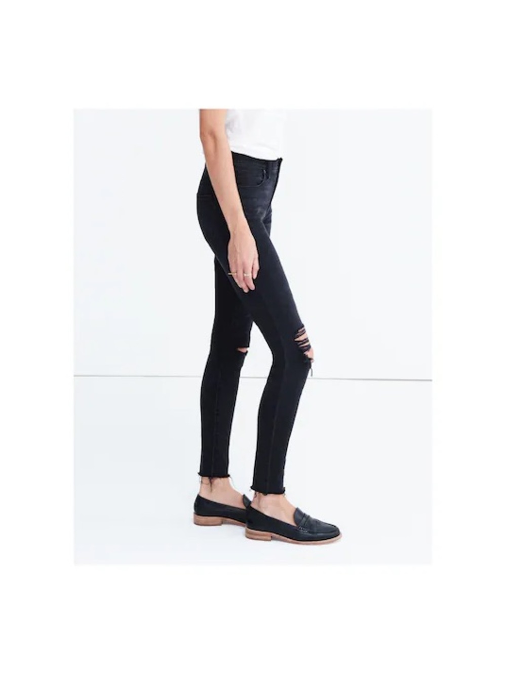 Madewell 9" High-Rise Black Sea Skinny Jeans with Distressed Knees Raw Hem sz 27 - Picture 2 of 13